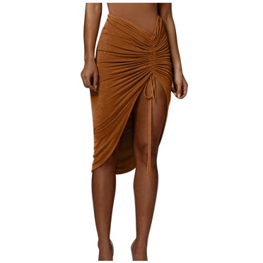 Skirts for Women Trendy Ruched Asymmetrical Drawstring Slim Fit Midi Skirt Stretchy Split Club Skirts