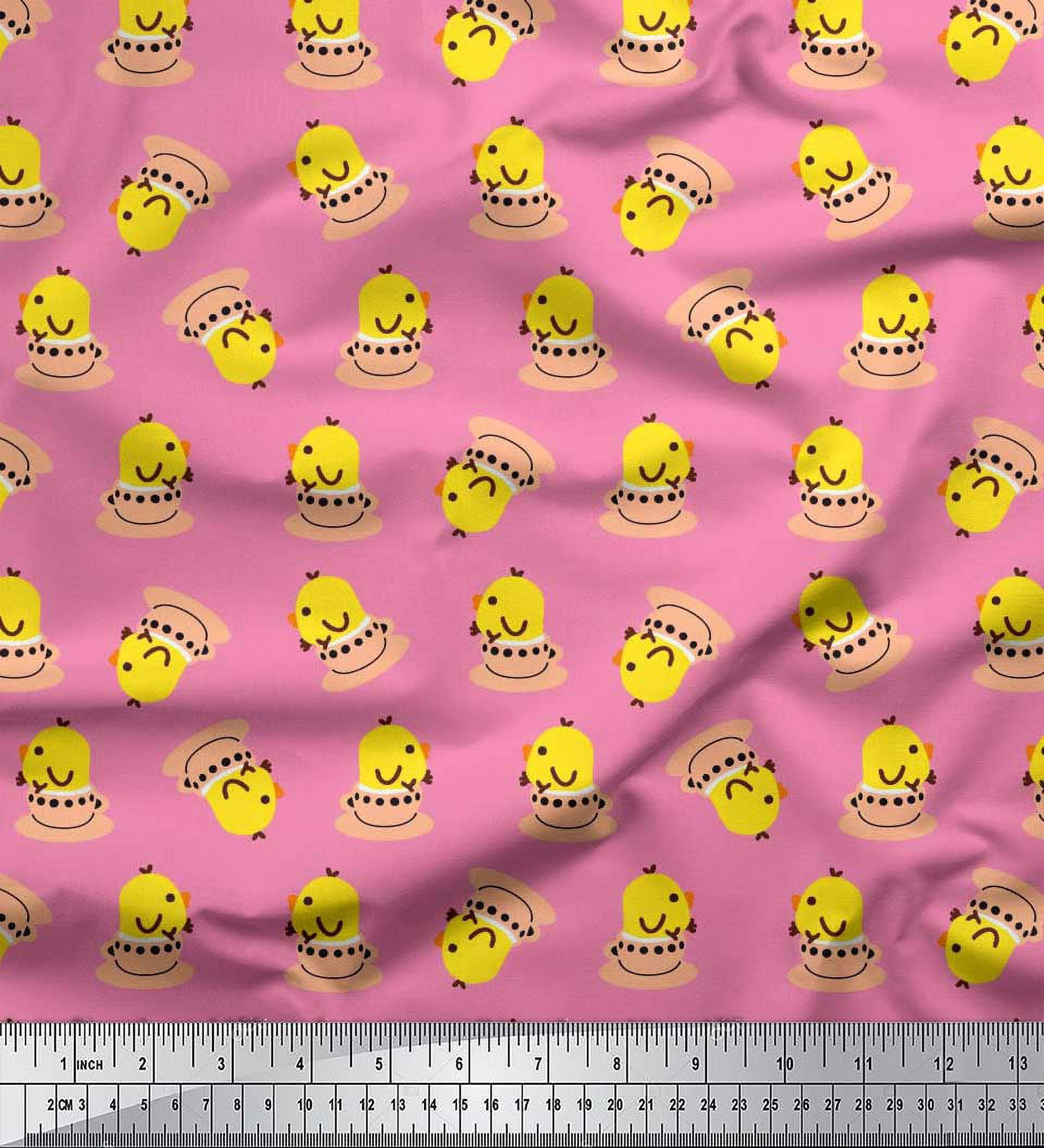 Soimoi Moss Georgette Fabric Cup,Plate & Chick Cartoon Printed Craft Fabric by the Yard 42 Inch Wide