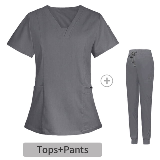 EQWLJWE Plus Size Women's Scrub Set featuring a V-neck short-sleeve top and jogger-style pants in a solid grey colour. Designed for comfort and functionality, this medical uniform is made from breathable polyester fiber, suitable for work or casual wear. The set includes two front pockets on the top and an adjustable drawstring waistband on the pants.