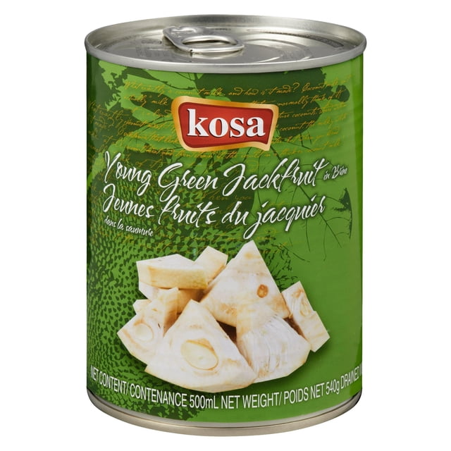 Kosa Jacquier Vert Jeune en Conserve en Saumure avec Étiquette Verte Affichant des Morceaux de Jacquier Blancs, Contenu net de 500 ml, Couramment Utilisé comme Substitut de Viande Végétarien pour Sa texture Féculente et Déchiquetée, Convient à Divers Plats Alimentaires en Conserve à l'International.