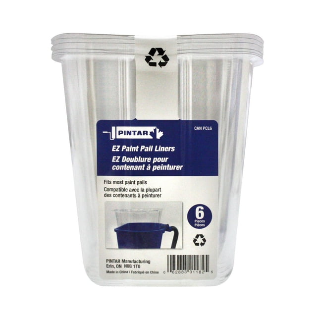 Pintar EZ Paint Pail Liners 6 pack of clear disposable plastic liners stacked with a blue and white label stating they fit most paint pails, designed for easy paint cleanup and recycling, suitable for paint applicators and tools.