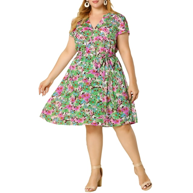 GRACE & GRANDEUR Robe d'Été pour Femme Grande Taille de la Saint-Patrick à Manches Courtes, Col en V, Midi à Fleurs 2X Vert Olive