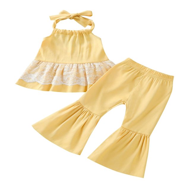 2022 2Pcs Little Girls Outfit Sweet Style Lace Splicing Sleeveless Hanging Neck Tops + Solid Color Long Bell-bottomed Pants Set