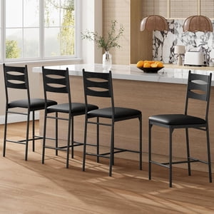 Set of 4 Counter Height Bar Stools – Faux Leather Upholstered Bar Chairs with Backrest, Footrest & Thick Cushion – Black Barstools for Kitchen Island, Home Bar, or Apartment Dining