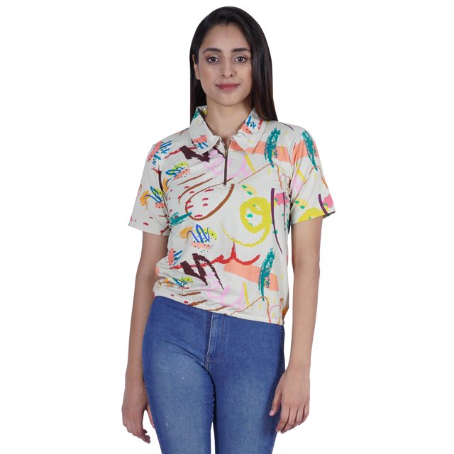 Moomaya Haut Court Imprimé pour Femmes Été Décontracté T-Shirt à Col à Fermeture à Glissière