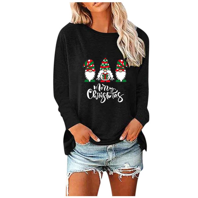 Womens Round- Neck Christmas Printing Recreational Long Sleeve Tops