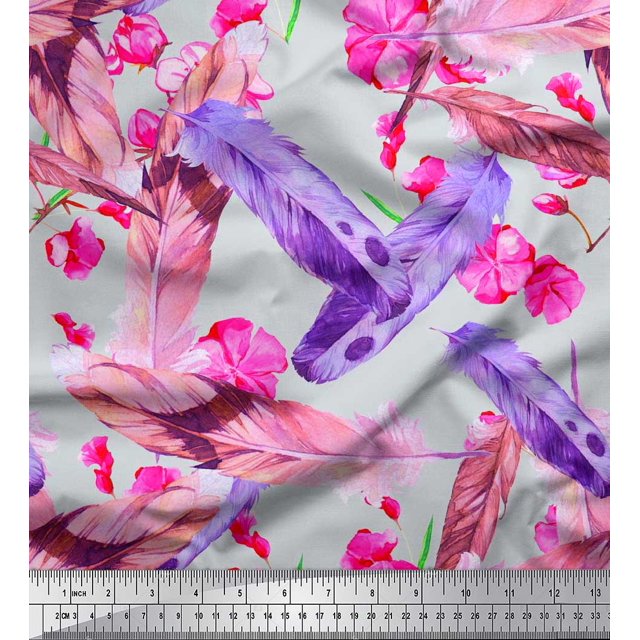 Soimoi Poly Georgette Fabric Flowers & Feather Print Sewing Fabric Yard 42 Inch Wide