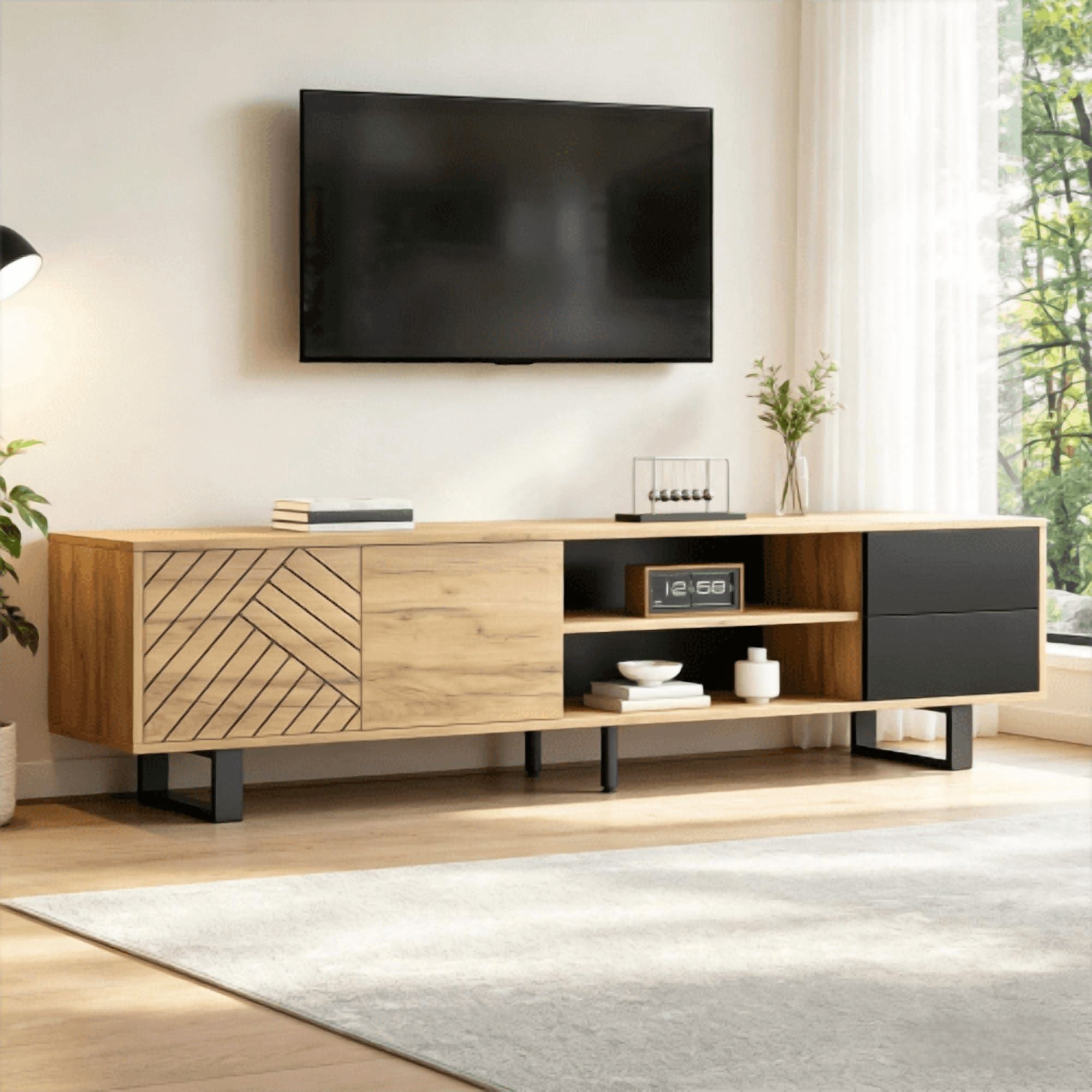 taoruifang 65 Inch Modern TV Stand, Natural Wood & Black Media Console with 2 Drawers 2 Cabinets, Geometric Door Design Metal Leg Entertainment Center for Living Room