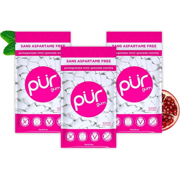 PUR Gum, Pomegranate Mint, Aspartame Free, Sugar Free & 100% Xylitol Chewing Gum, 55 Pieces, Pack of 3