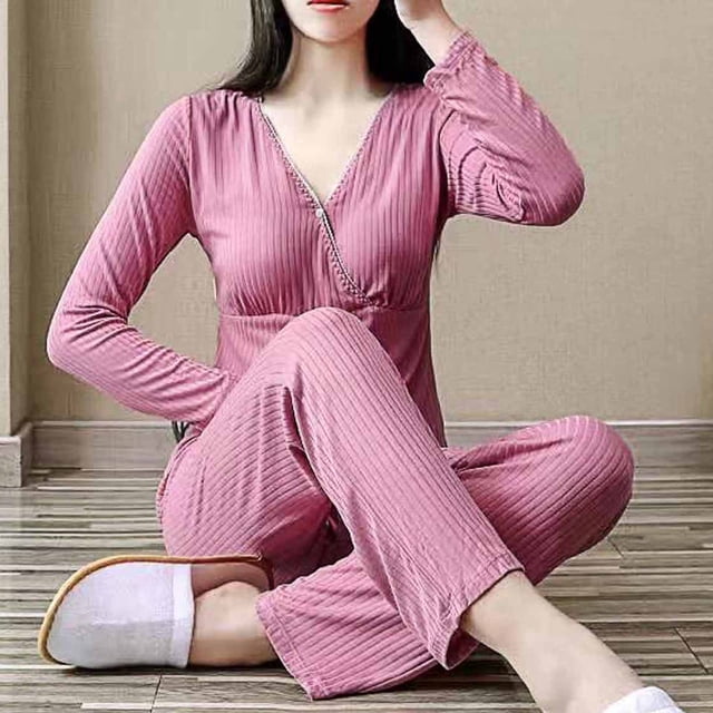 LSLJS Pregnant Womens Nursing Solid Color Round Neck Long Sleeve Round Neck Breastfeeding Blouse Pants Two Piece Set, Maternity Pajamas & Loungewear( L, Watermelon Red )
