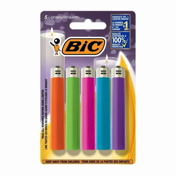 BIC Maxi Pocket Lighter, Assorted Unique Lighter Colours, 5 Count Pack of Lighters, Canada's No 1 Lighter, Spark up amazing moments