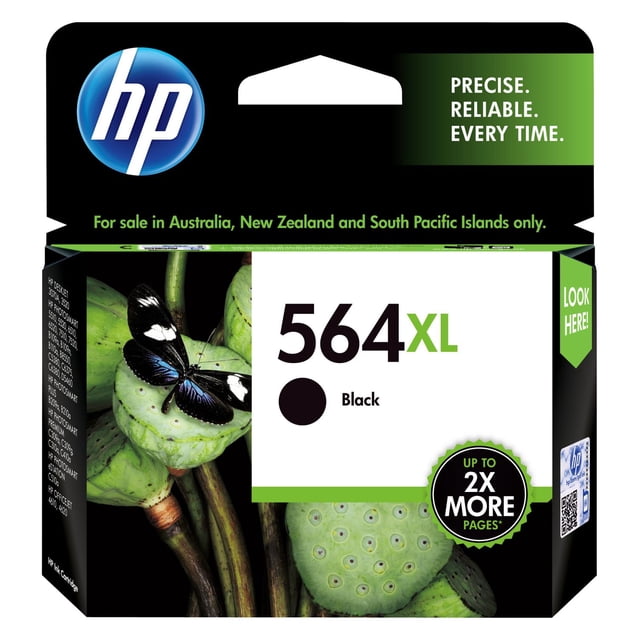 HP 564XL Black High Yield Original Ink Cartridge packaging featuring a black ink label and a butterfly on green seed pods, compatible with select HP DeskJet, OfficeJet, and PhotoSmart printers, delivering up to 2X more pages for consistent, reliable printing.