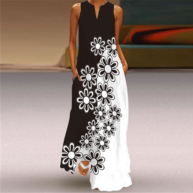 Robes de Collation des Grades pour Femmes Robe Longue Décontractée avec Poche Imprimé Floral Robe Maxi Sans Manches Robe pour Femmes en Liquidation