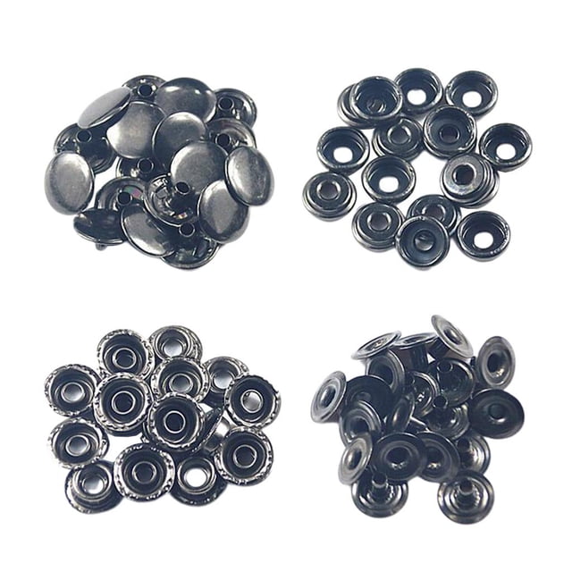 GUOOL 50x snap fasteners press stud buttons in black, made of high-quality iron material with a rust-resistant finish. Includes 50 sets of metal snap buttons, each consisting of 4 parts: 2 caps, 1 stud, and 1 socket. Suitable for DIY crafts, leather projects, and sewing applications such as jackets, jeans, bags, wallets, hats, belts, and down jackets. Diameter: 15mm (0.59 inches).