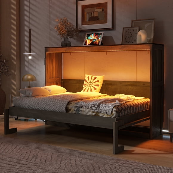 Twin Size Murphy Bed with LED Light,can be Folded into a Cabinet,Hidden Wall Bed Cabinet,Brown(ETA:3.9)