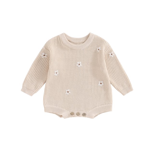 FOCUSNORM Combinaison Tricotée pour Bébé Fille Broderie Florale Col Rond Manches Longues pour Automne Hiver
