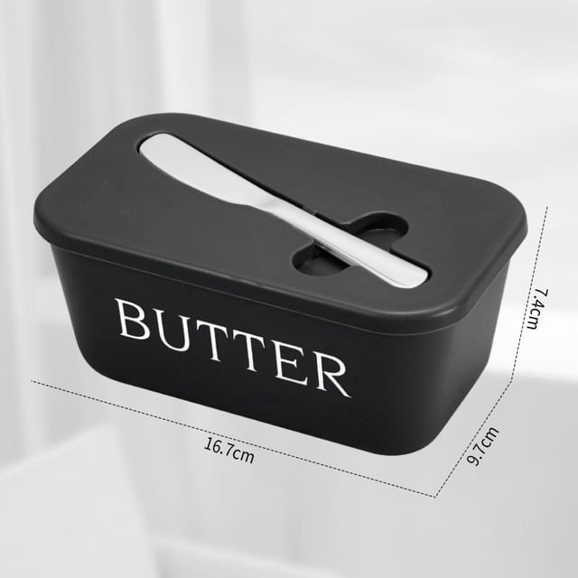 Todaioua Butter Dish with Lid, a large black plastic butter keeper container with the word 'BUTTER' printed in white on the front. The lid features a slot holding a stainless steel butter knife. Dimensions are 16.7 cm by 9.7 cm by 7.4 cm. Designed for countertop use, it provides sealed storage to maintain freshness and is suitable for butter, cheese, and other ingredients. Ideal for home kitchens or outdoor activities like picnics and camping.