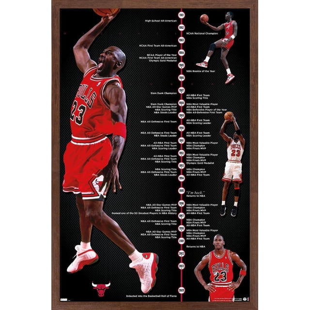 Michael Jordan - Timeline Wall Poster, 22.375" x 34" framed, showing a vertical timeline of Michael Jordan's basketball career achievements from 1981 to 2009. The poster features three images of Jordan in Chicago Bulls red and white uniform number 23 performing a dunk, a jump shot, and standing with hands on hips. Key milestones include NCAA championships, NBA MVP awards, scoring titles, Olympic gold medals, and Hall of Fame induction. The black background with white and red text and wood frame make it ideal wall art for home décor or sports rooms.
