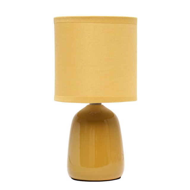 Simple Designs 10.04" Tall Traditional Ceramic Thimble Base Bedside Table Desk Lamp with Matching Fabric Shade in yellow, featuring a smooth ceramic rounded base and a cylindrical fabric drum shade, suitable for bedroom, living room, or office use and often used as a compact decorative light.