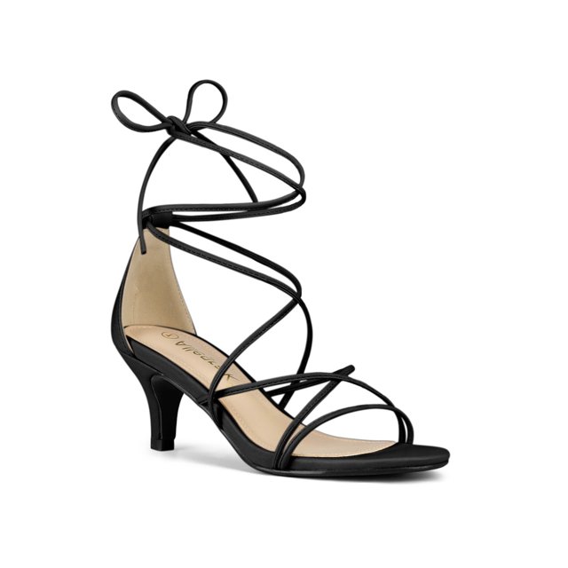 BLISSFUL STEP Sandales à Lacets à Brides à Talon Kitten pour Femmes pour la Rentrée Noir 7