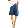 thumbnail image 4 of Timegard Wide Leg Shorts for Women Cotton Linen Elastic Waist Button Loose Solid Color Knee Length Pants, 4 of 7