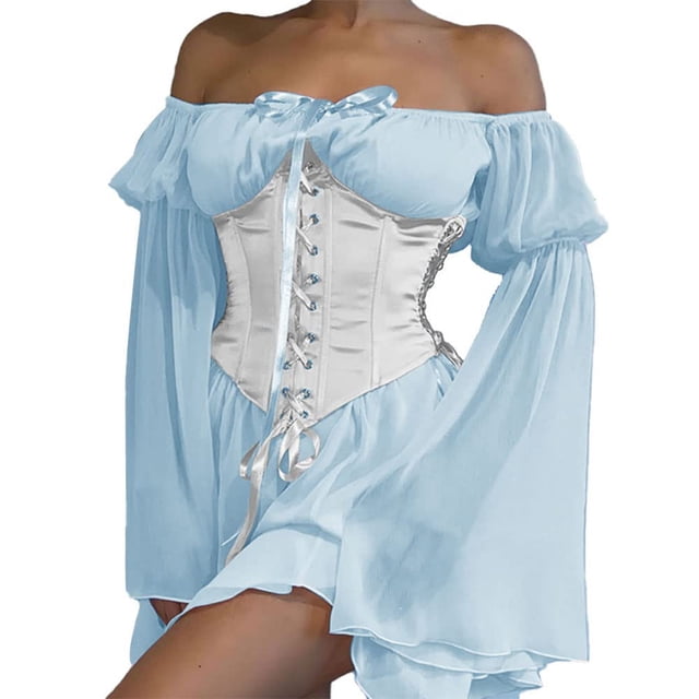 EQWLJWE Robe à Manches Bouffantes pour Femmes 2023 Épaules Dénudées à Lacets Rétro Ceinture Retour à la Maison Fête d'Anniversaire Princesse Mignonne Aguichant Vintage