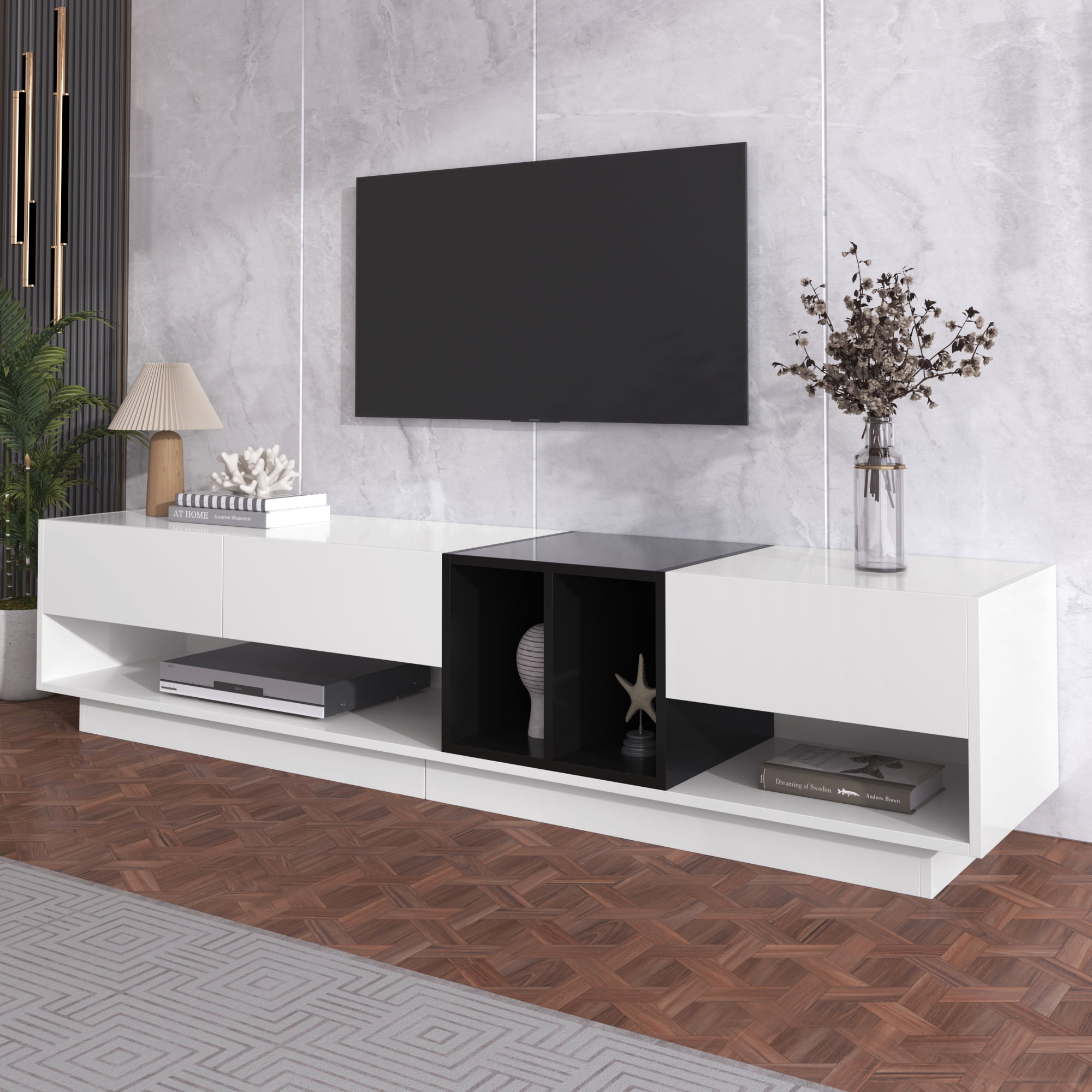 Noble House Meuble TV & Bas, Blanc Brillant & Noir à Blocs de Couleur, Rangement Multiple avec Tiroirs & Compartiments
