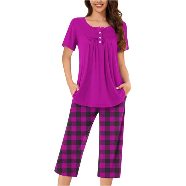 Rbaofujie Pyjama pour Filles Femmes Décontracté Col Rond Manches Courtes Blouse Pantalon Mode Ensemble de Pyjama Vêtements de Nuit pour Femmes