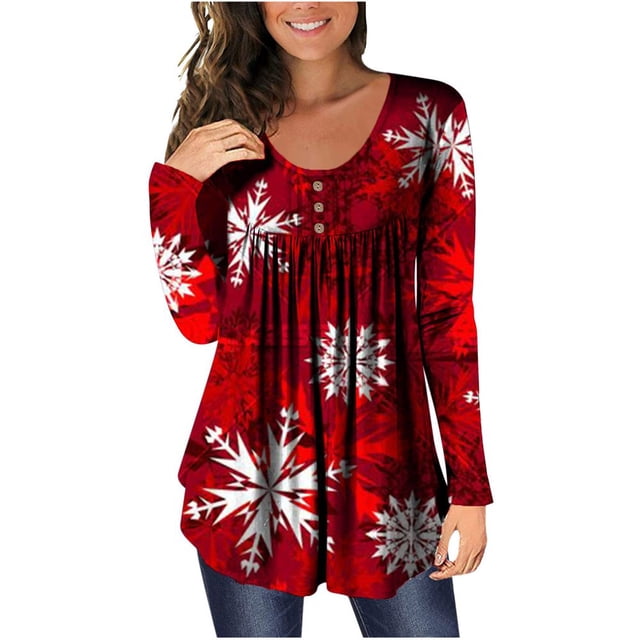 MesaSe Tunique de Noël Imprimée Col Rond pour Femmes Boutons Manches Longues Blouse Ample
