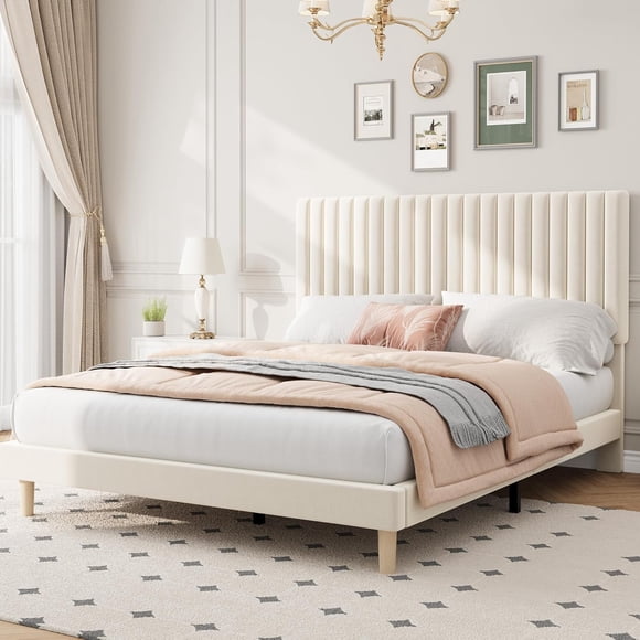 Full Velvet Upholstered Platform Bed Frame with Adjustable Headboard No Box Spring Needed Vertical Channel Tufted Beige