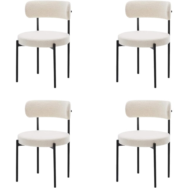 LivinVeluris Mid-Century Dining Chairs Set of 4, featuring modern cream white boucle upholstered seats and black metal legs. These chairs showcase a sleek mid-century design with ergonomically curved backs for superior comfort. Crafted with durable iron frames, they are compact with dimensions of 16.5 x 15.4 x 30 inches and an 18-inch seat height, supporting up to 275 lbs. Ideal for kitchens, dining rooms, or breakfast nooks, the boucle fabric adds a touch of elegance while being easy to maintain.
