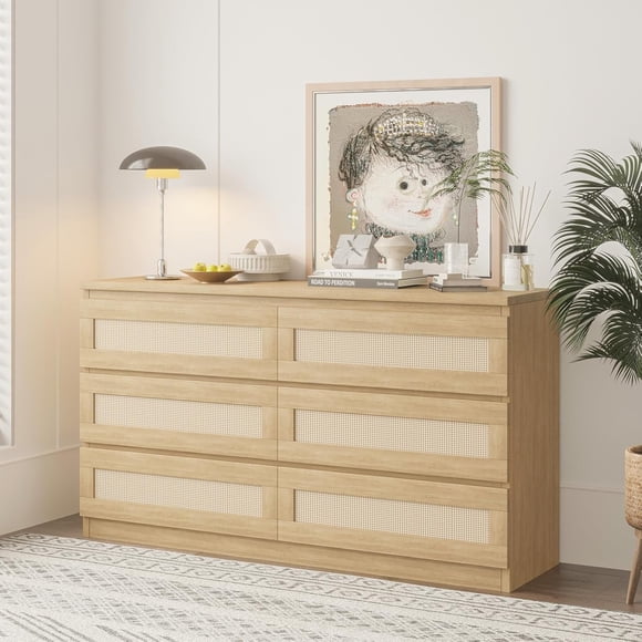 Rattan Dresser for Bedroom, Modern 6 Drawer Double Dresser with Anti-Tip Kit, Wood Storage Wide Chest of Drawers for Bedroom, Living Room, Hallway, Natural