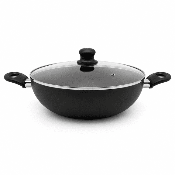 Starfrit Wok 32 cm avec Couvercle en Verre, Aluminium Antiadhésif, 5,7 L (6Qt), Facile à Nettoyer, Va au Four