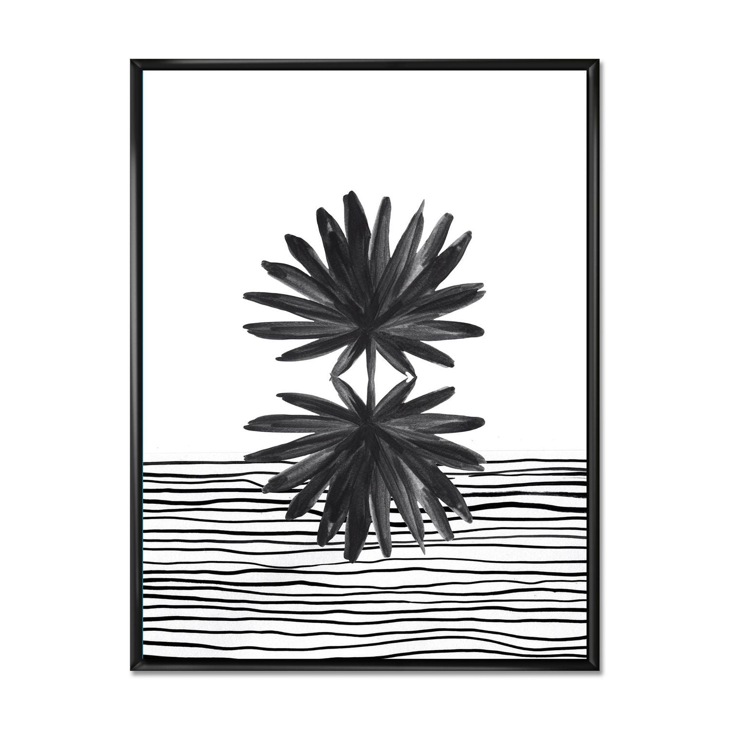 Designart Feuille tropicale noire et blanche sur rayures II ART MURAL À CADRE FLOTTÉ