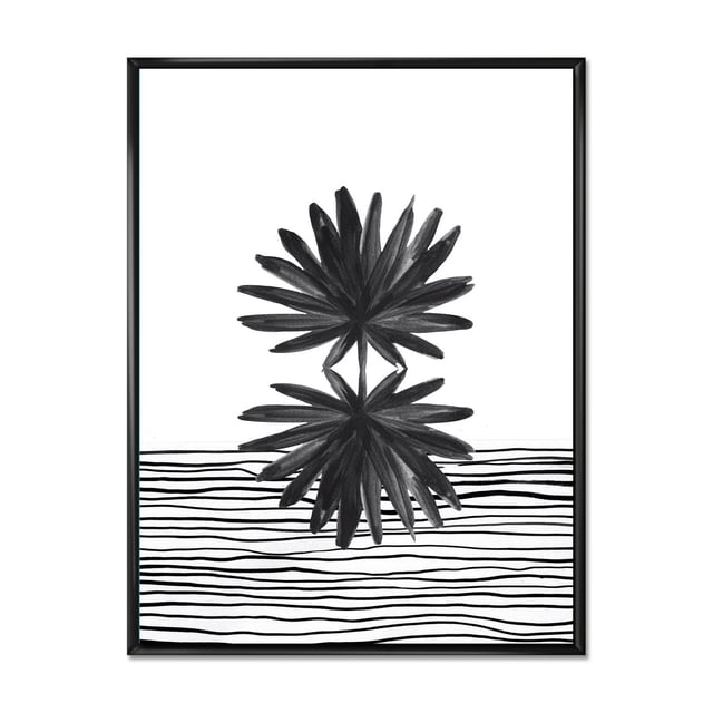 Designart Black and White Tropical Leaf On Striped II FLOAT FRAME WALL ART with two black tropical leaves stacked vertically over horizontal black wavy stripes on white premium cotton canvas, gallery-wrapped and framed in a slim black floating frame, ready to hang.