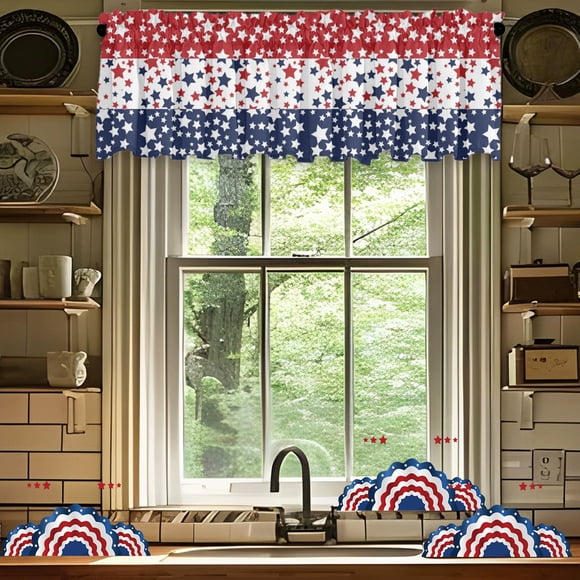 Patriotic Window Valance, American Flag Curtain, USA Independence Day Decoration, Polyester Short Valance for Kitchen Living Room, One Valance