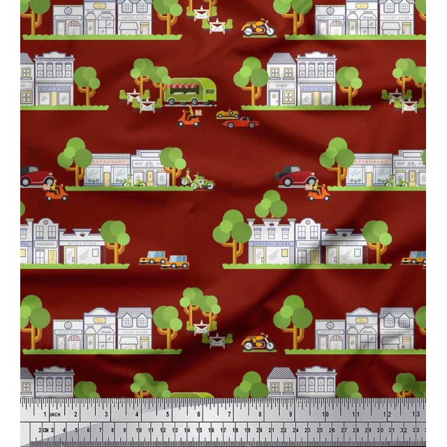 Soimoi Cotton Voile Fabric Vehicles,Tree & Shops Architectural Print Fabric by the Yard 56 Inch Wide