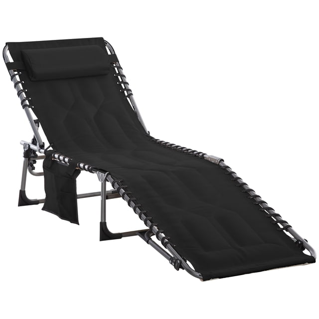 Outsunny Chaise Lounge Pliante en Noir avec Dossier Réglable, Appuie-Tête Rembourré Détachable et Poche Latérale. Fabriquée avec un Cadre en Acier Enduit de Poudre et un Rembourrage en Éponge Recouvert de Tissu Oxford, Elle Supporte jusqu'à 264 Lb. la Chaise Longue Peut s'Incliner Entièrement à Plat jusqu'à 180° et Se Replie de Façon Compacte pour un Rangement et un transport Faciles. Idéale pour les patios, Terrasses Ou au Bord de la Piscine.
