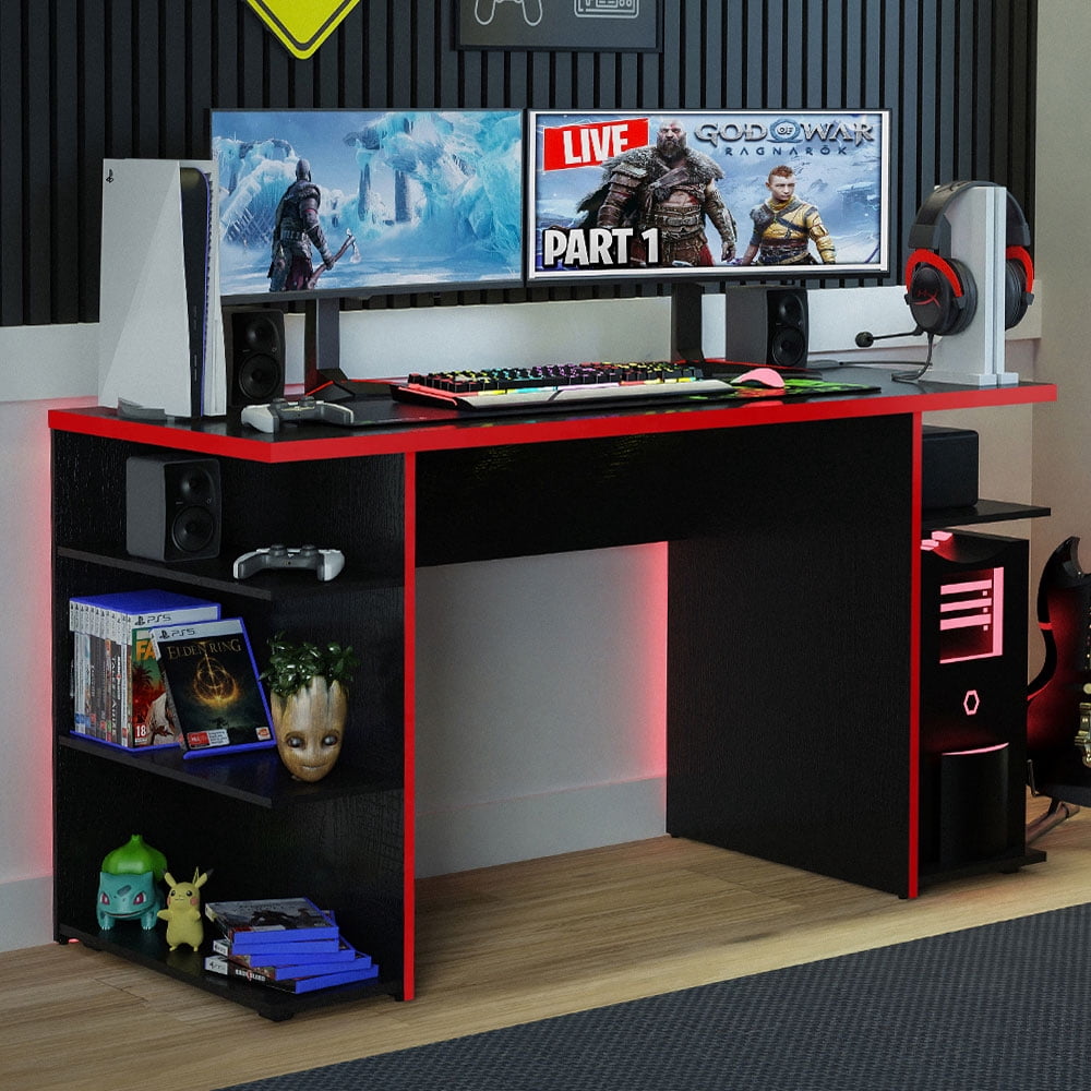Madesa Large Modern Gaming Computer Desk 53 Inch with 5 Shelves Cable Management Student Study Wooden Table Home Office Gamer Desk for Kids and Adults - Black/Red