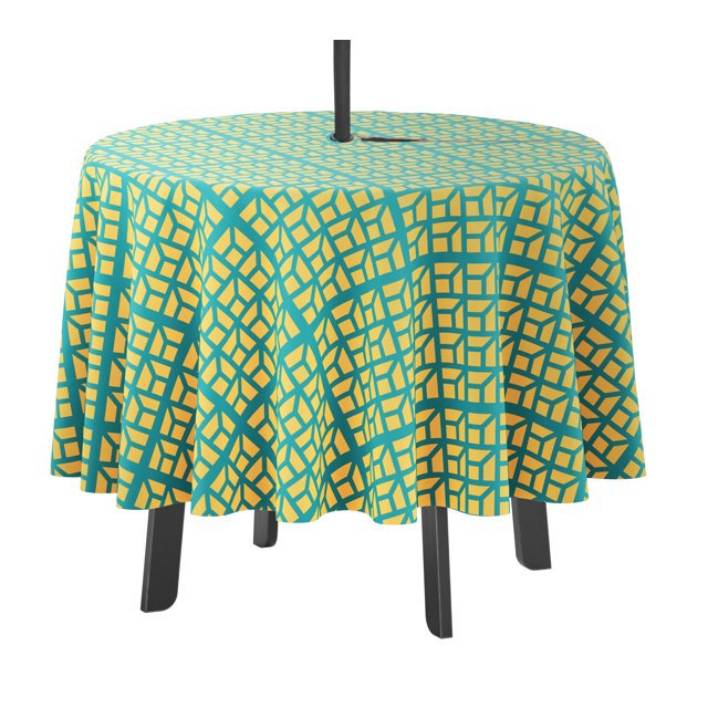 Vargottam Indoor/OutdoorRoundTablecloth 58 InchTablecloth with Umbrella Hole & Zip- Waterproof TableCloth TableCovers for Backyard Table -Teal Blue & Yellow