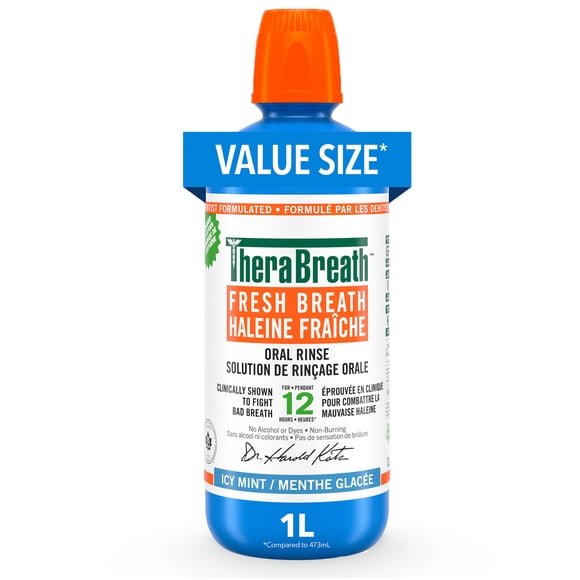 TheraBreath Fresh Mouthwash, Daily Mouthwash for Oral Hygiene, up to 12 Hours of Fresh Breath,Icy Mint, 1L Value Size