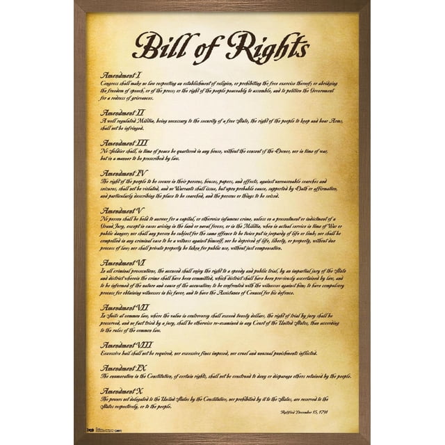 Les États-Unis d'Amérique - Affiche Murale de la Déclaration des Droits, 22,375 Po x 34 Po, Affichant les Dix Premiers Amendements de la Constitution Américaine en Noir sur un Fond de Style Parchemin, Encadrée en Bois Brun. Idéale pour une Déco Murale Éducative Ou Patriotique dans les Maisons, les Bureaux Ou les Salles de Classe.
