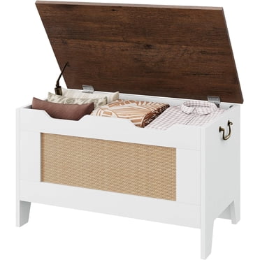 Storage Chest, Rattan Toy Chest for Boys Girls, 30" Kids Wood Large Toy Box, Storage Bench with Safety Hinge,Storage Trunk for Entryway, Living Room, Bedroom, Playroom, White
