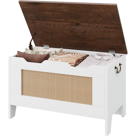 Storage Chest, Rattan Toy Chest for Boys Girls, 30" Kids Wood Large Toy Box, Storage Bench with Safety Hinge,Storage Trunk for Entryway, Living Room, Bedroom, Playroom, White