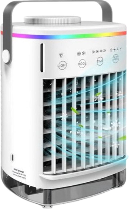 Portable air conditioner without exhaust hose - 3-in-1 - Fan - For bedroom & living room - 4 speeds - Air conditioning - Portable air cooler - LED lighting