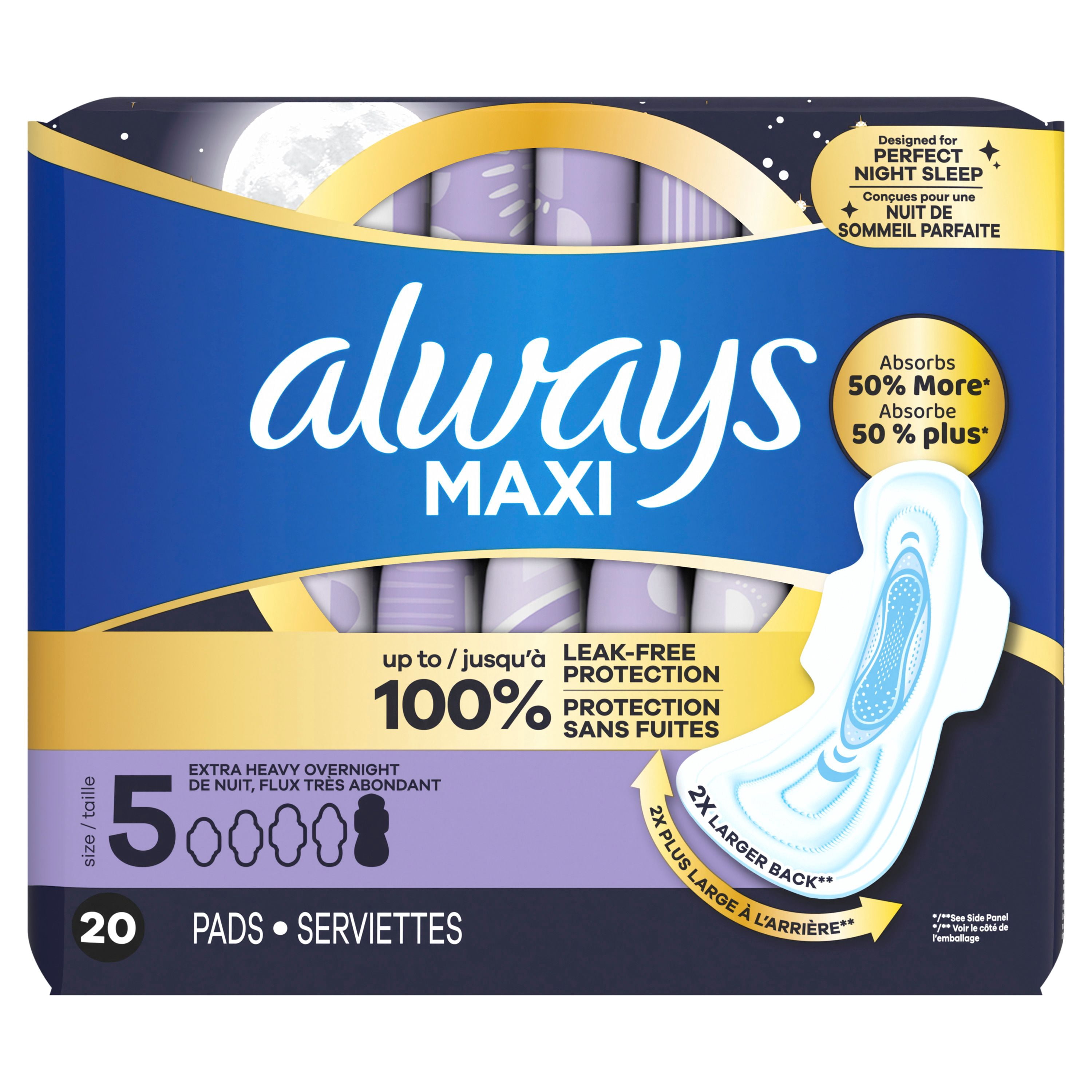Always Maxi Serviettes Hygiéniques de Nuit avec Ailes pour Femmes, Taille 5, Absorption de Nuit Très Abondante, Non Parfumées