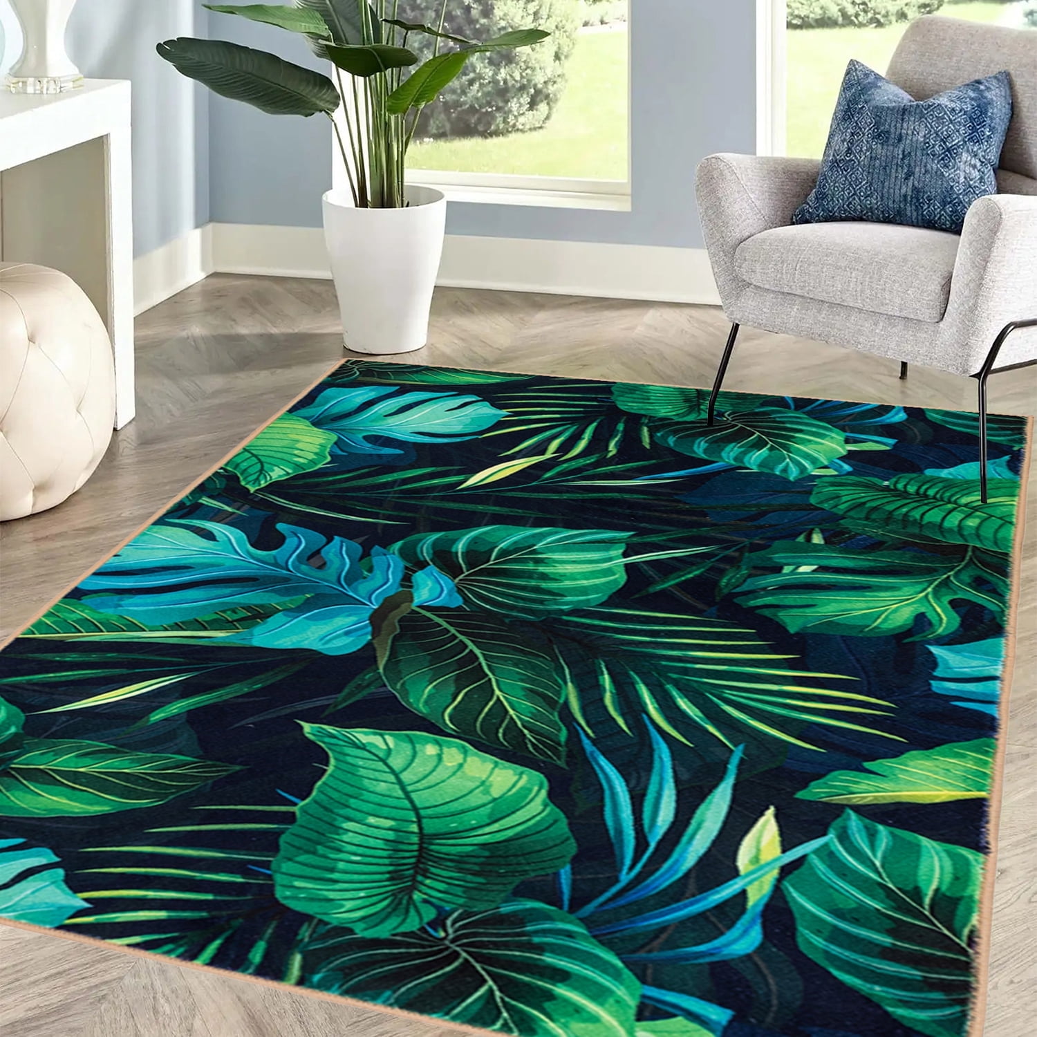 JML Area Rug 5'x7' Morden Non-Slip Indoor Carpet Green Leaves Print Foldable Rugs for Living Room Bedroom Office Home Decor