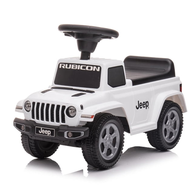 Best Ride On Cars Jeep Gladiator Push Car in white with black seat and steering wheel, featuring realistic Jeep grille, Rubicon branding on the windshield, and Jeep logo on the side. Suitable for toddlers 1.5 to 3 years, it includes under-seat storage and a steering wheel with horn function.