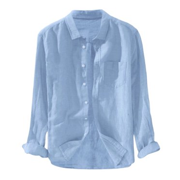 Leutsin Men's Baggy Solid Cotton Linen Long Sleeve Button Pocket Plus Size T Shirts