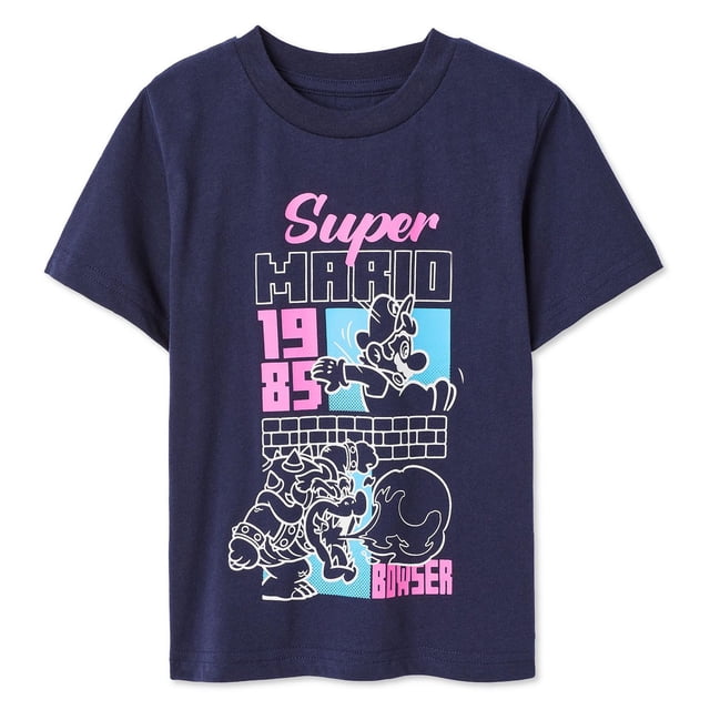 Super Mario Toddler Boys' Short Sleeve Tee front-facing toddler graphic tee in blue jersey knit with Super Mario Bros. front print, crew neckline, short sleeves and straight hem, 60% cotton 40% polyester, styled flat on a neutral background suitable for playwear and casual outfits.